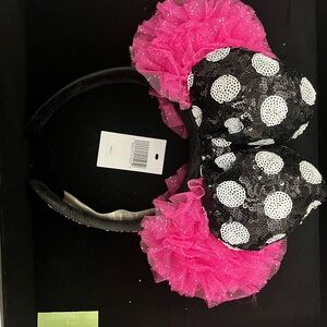 Betsey Johnson Black and White Polka Dot Headband with Pink Ruffles